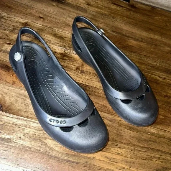 Crocs Women’s Black Slip On Flats Shoes w/Backstrap Size USA 11 - Picture 2 of 7